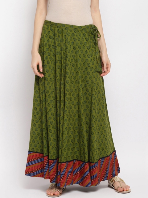 

IMARA Women Green & Blue Printed Flared Maxi Skirt