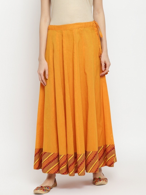 

IMARA Women Mustard-Yellow Solid Pure Cotton Flared Maxi Skirt