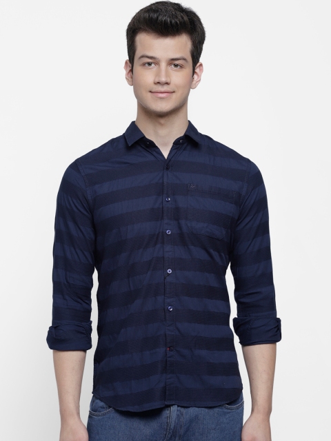 

cape canary Men Navy Blue Horizontal Stripes Striped Casual Shirt