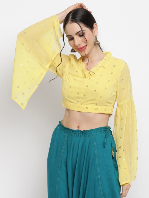 

IMARA Yellow Embellished Bell Sleeve Georgette Regular Crop Top