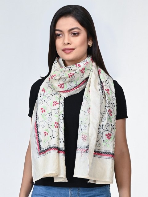 

ArtEastri Women Cream-Coloured & Red Kantha Embroidered Pure Silk Stole