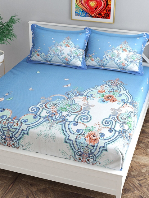 

Florida Turquoise Blue & White Floral 300 TC King Bedsheet with 2 Pillow Covers