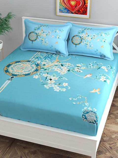 

Florida Blue & Off White Floral 300 TC King Bedsheet with 2 Pillow Covers