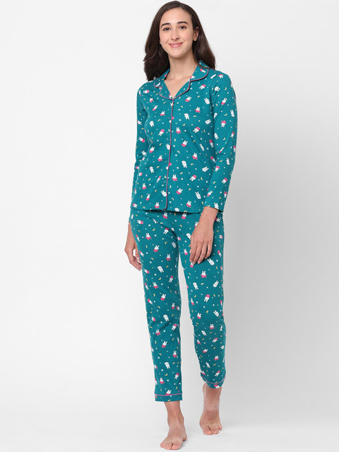 

Sweet Dreams Women Teal & White Printed Night suit