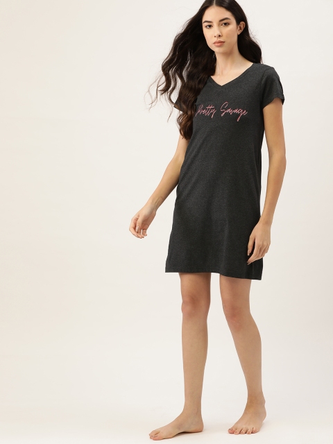

ETC Women Charcoal Grey Printed Detail Nightdress