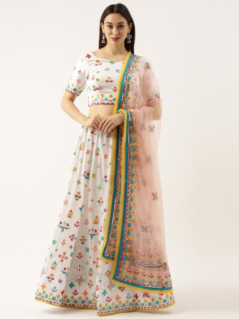 

panchhi White & Blue Embroidered Semi-stitched Lehenga & Unstitched Blouse With Dupatta