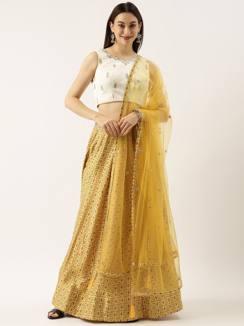 

panchhi Yellow & Off White Ready to wear Lehenga & Unstitched Blouse With Dupatta