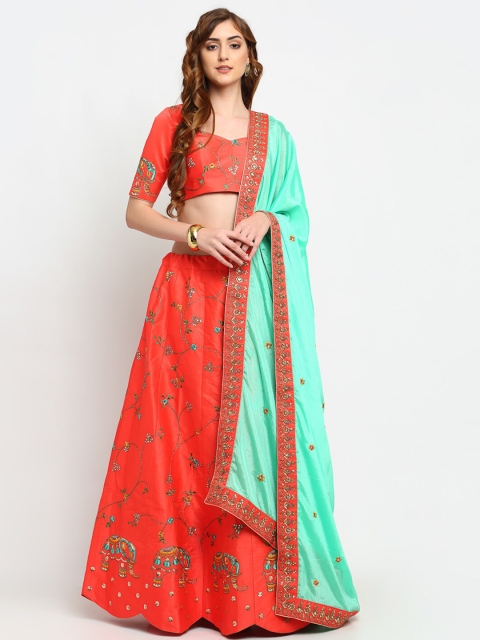 

panchhi Coral Red & Sea Green Embroidered Unstitched Lehenga & Blouse With Dupatta