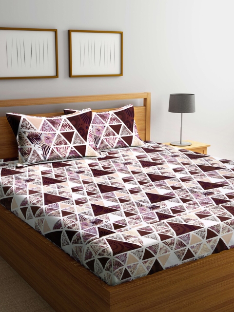 

KLOTTHE White & Coffee Brown Geometric 210 TC King Bedsheet with 2 Pillow Covers