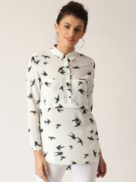 

QUIZ Women Off-White Printed Sem- Sheer Shirt Style Top