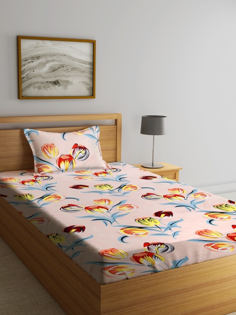 

NEUDIS Peach-Coloured & Turquoise Blue Floral 180 TC Single Bedsheet with 1 Pillow Covers