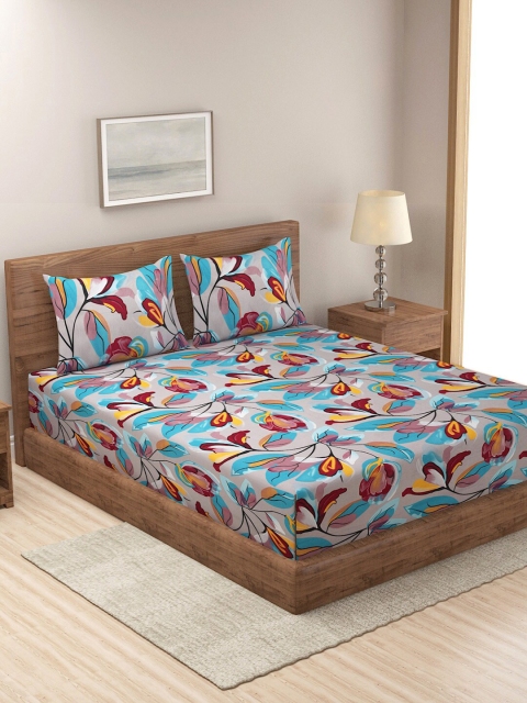 

NEUDIS Grey & Blue Floral 180 TC King Bedsheet with 2 Pillow Covers