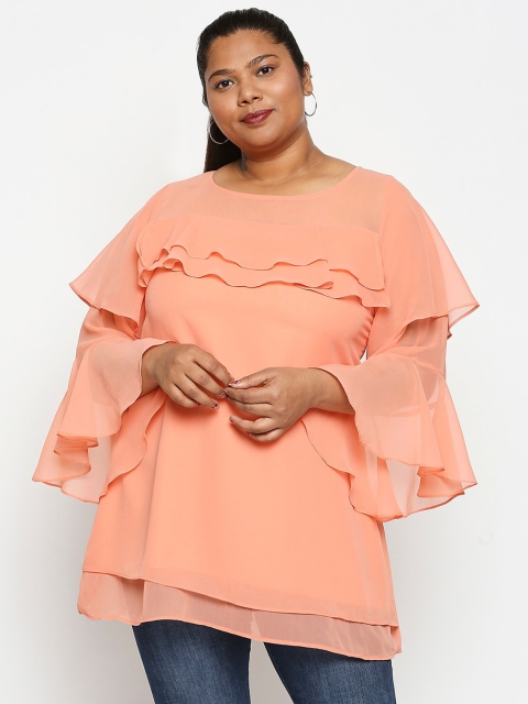 

XXLLENT Women Peach-Coloured Bell Sleeve Layered Regular Top