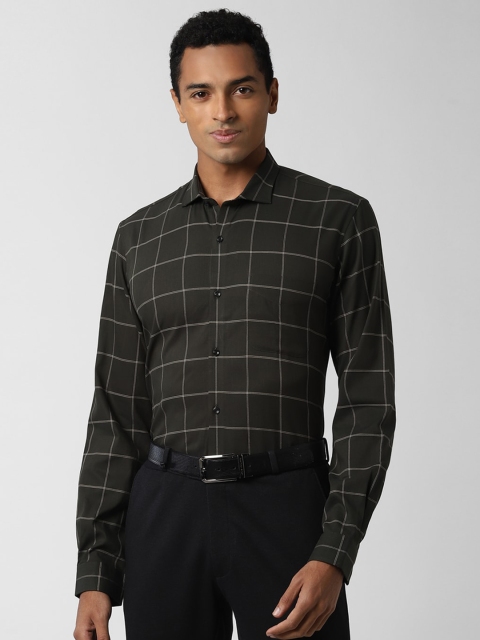 

Peter England Men Olive Green & White Slim Fit Windowpane Checked Formal Shirt