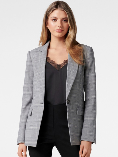 

Forever New Women Grey & White Checked Tailored-Fit Single-Breasted Blazer