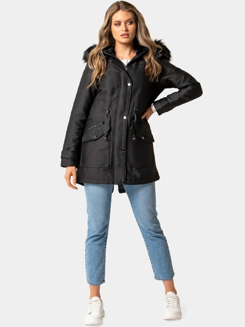 

Forever New Women Black Solid Hip-Length Parka Coat