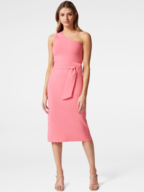 

Forever New Pink Solid One Shoulder Sheath Midi Dress