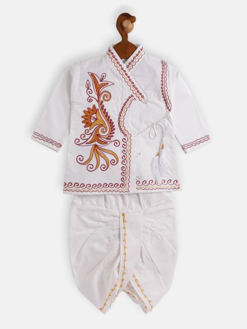 

JBN Creation Boys White Ethnic Motifs Embroidered Angrakha Kurta With Dhoti Pants