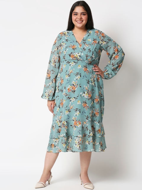 

20Dresses Plus Size Women Green Floral Layered Georgette Midi Dresses