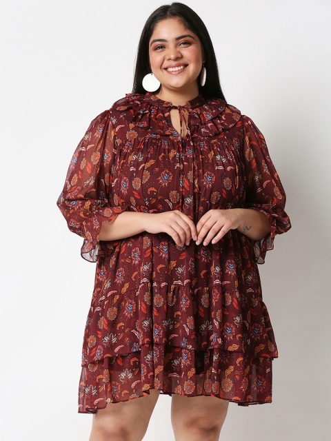 

20Dresses Plus Size Women Maroon Floral Tie-Up Neck Layered Chiffon A-Line Dresses