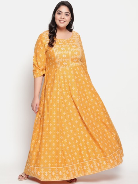 

Amydus Women Mustard Yellow and White Ethnic Motifs Printed Maxi Dress
