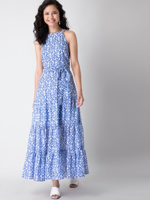 

FabAlley Women Blue and White Floral Georgette Maxi Dress