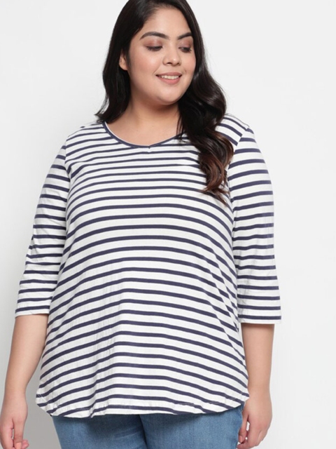 

Amydus Women Navy Blue and White Striped V-Neck T-shirt