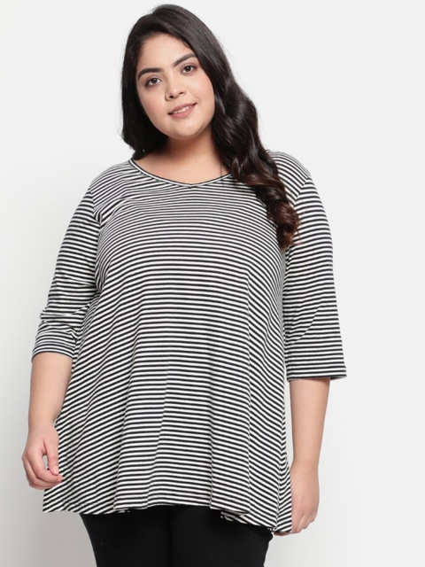 

Amydus Women Black and White Striped V-Neck T-shirt