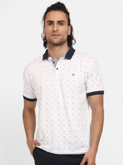 

V2 Value & Variety Men White & Navy Blue Printed Polo Collar Cotton T-shirt