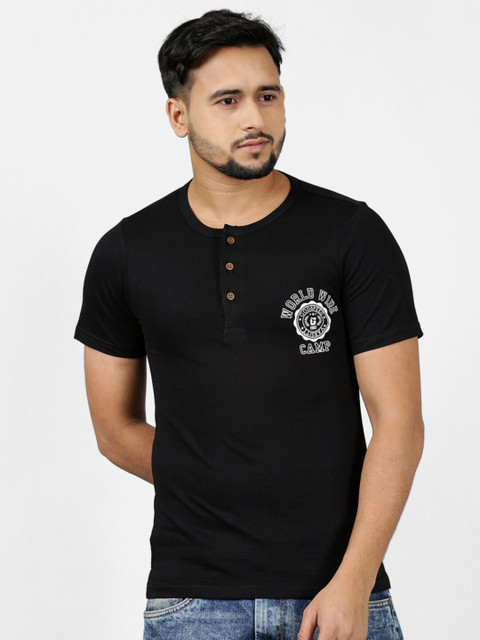 

V2 Value & Variety Men Black Henley Neck Cotton T-shirt