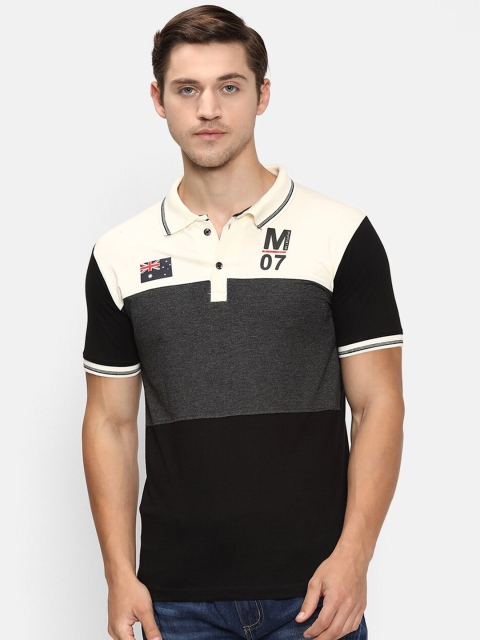 

V2 Value & Variety Men Black & White Colourblocked Polo Collar Cotton T-shirt