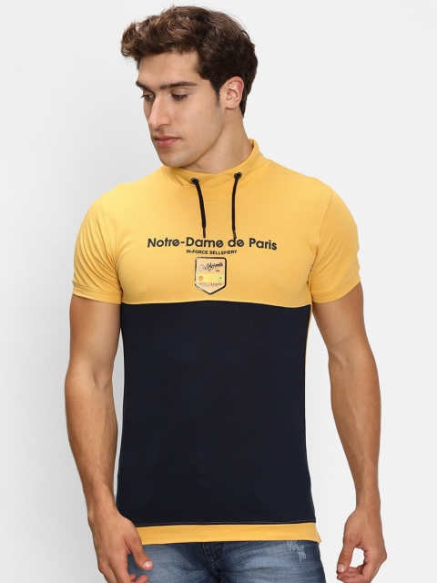 

V2 Value & Variety Men Yellow & Navy Blue Colourblocked Cotton Hood T-shirt