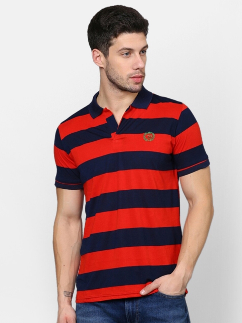 

V2 Value & Variety Men Red & Navy Blue Striped Polo Collar Cotton T-shirt