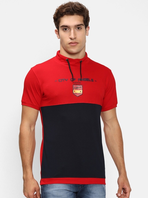 

V2 Value & Variety Men Red & Navy Blue Colourblocked Cotton T-shirt