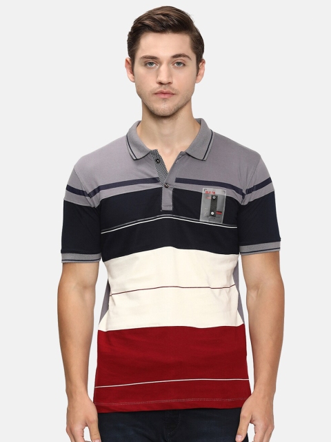 

V2 Value & Variety Men Grey & White Striped Polo Collar Cotton T-shirt