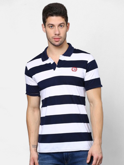 

V2 Value & Variety Men White & Navy Blue Striped Polo Collar Cotton T-shirt