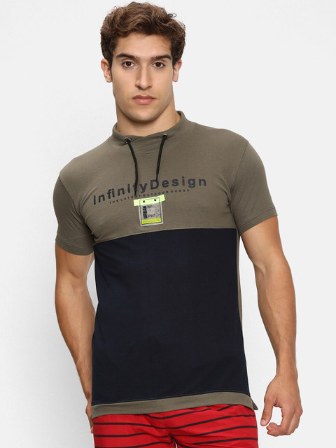 

V2 Value & Variety Men Olive Green & Navy Blue Colourblocked Cotton T-shirt