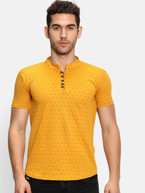 

V2 Value & Variety Men Yellow Printed Mandarin Collar T-shirt