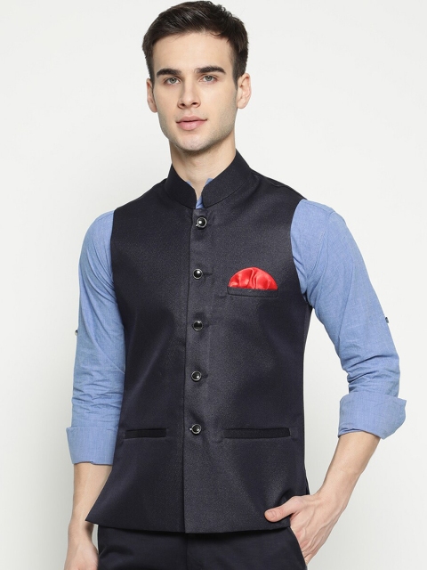 

V2 Value & Variety Navy Blue Solid Nehru Jacket