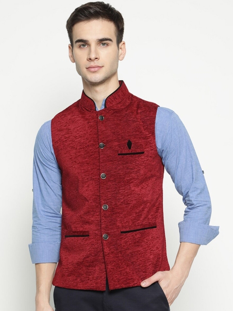 

V2 Value & Variety Maroon Self Design Nehru Jacket