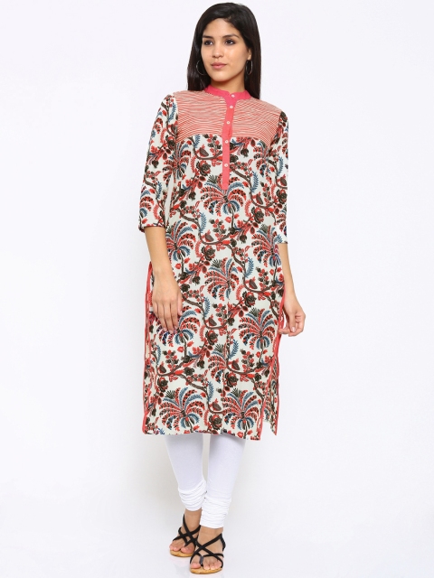 

Vishudh Women Cream-Coloured & Pink Printed Straight Kurta