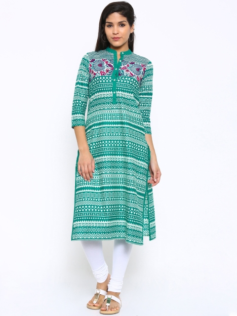 

Vishudh Women Cream-Coloured & Green Printed Kurta