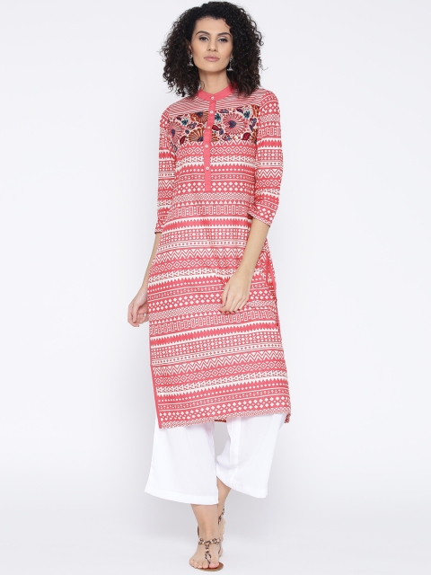 

Vishudh Women Cream-Coloured & Pink Printed Kurta