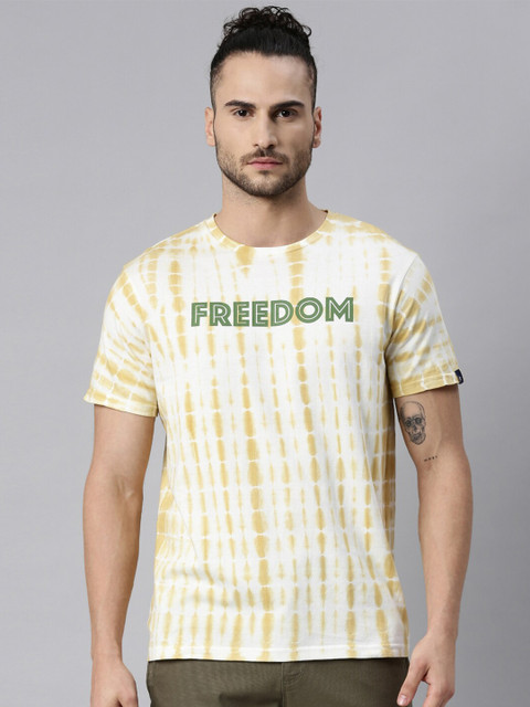 

Breakbounce Men White Mustard Yellow Typography Printed Pure Cotton T-shirt