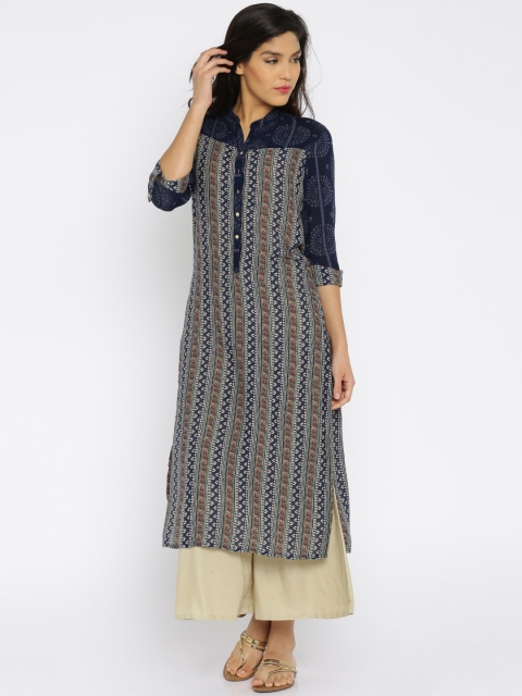 

Vishudh Women Navy Printed Straight Kurta, Navy blue