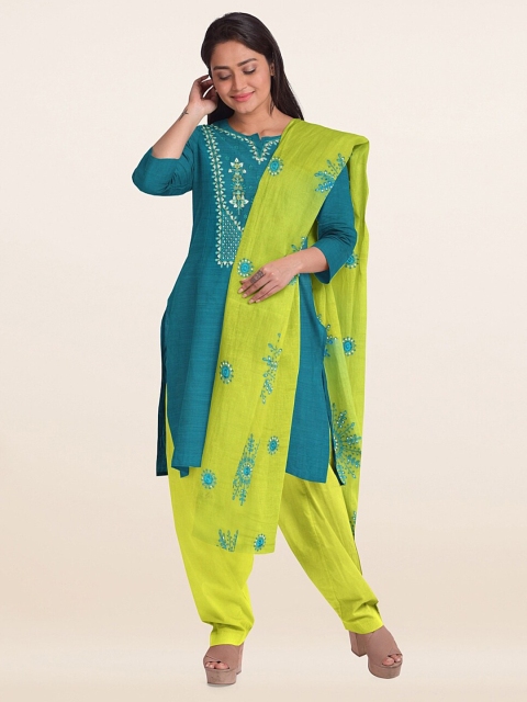 

Pothys Teal & Sea Green Embroidered Unstitched Dress Material