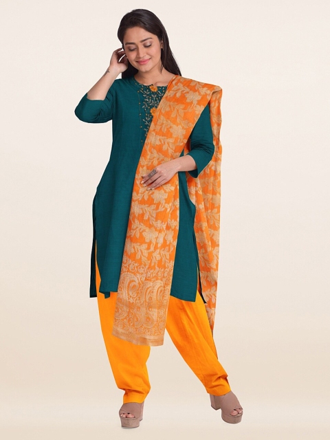 

Pothys Teal Blue & Orange Embroidered Unstitched Dress Material