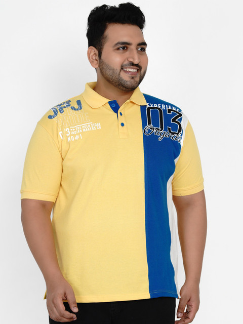 

John Pride Men Yellow & Blue Typography Printed Plus Size Polo Collar T-shirt