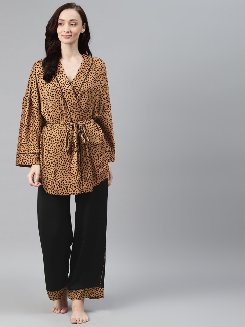 

Marks & Spencer Women Brown & Black Solid Night suit with Printed Robe