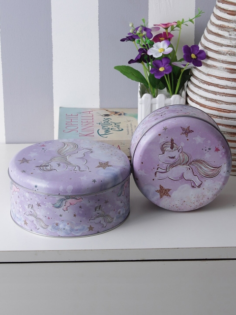 

A Vintage Affair- Home Decor Purple Set of 2 Round Flying Unicorn Metal Storage Organisers